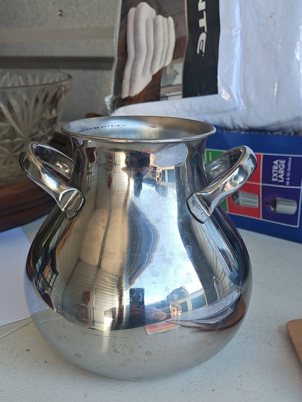 Polished Silver-Tone Two-Handle Decorative Vase